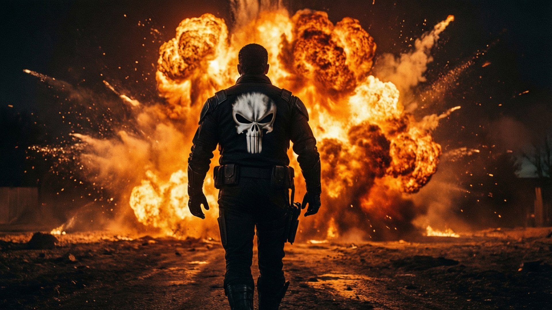 Punisher går væk fra eksplosion, over skulderen, orange og sort filmisk.