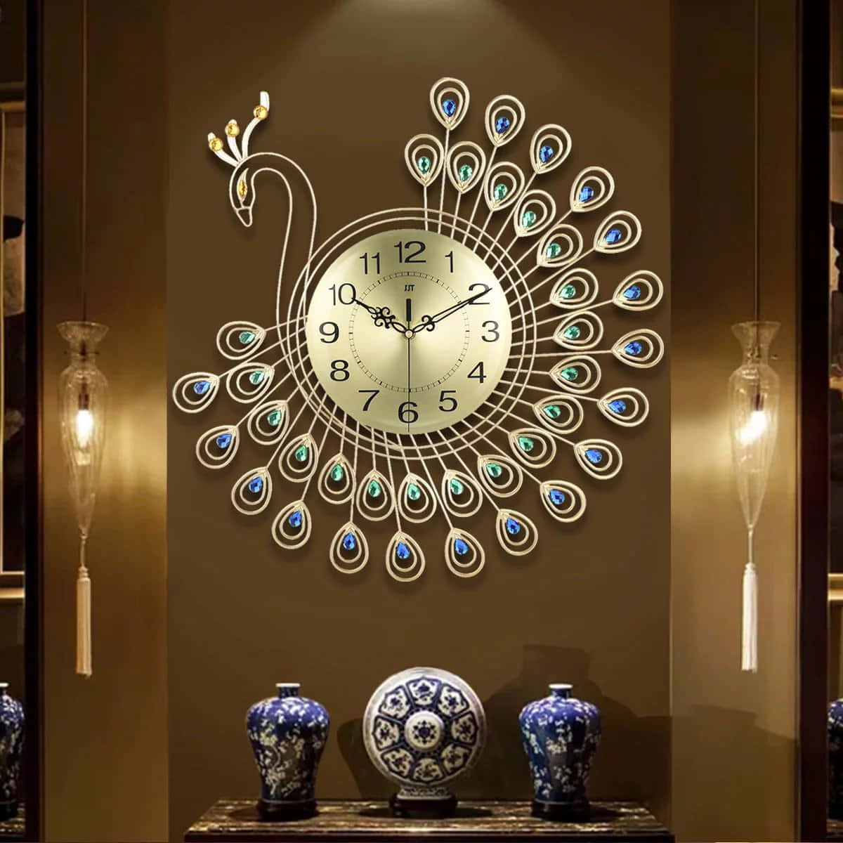 A Large Wall Clock With A Peacock Design
