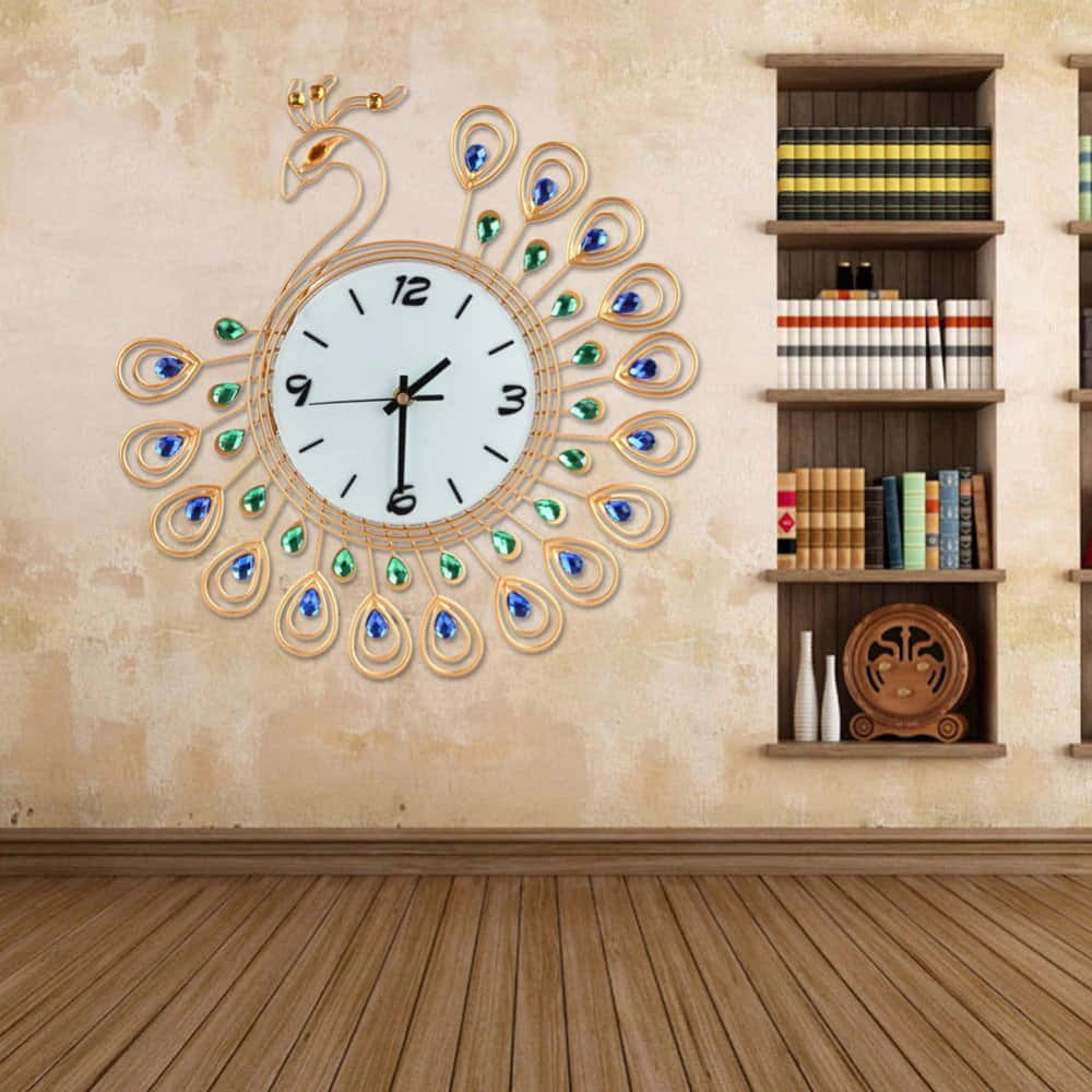 A Room With A Clock And Bookshelves