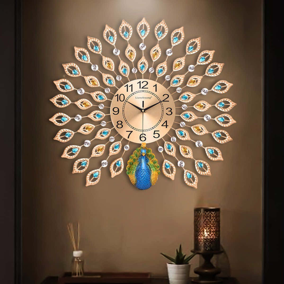 Peacock Wall Clock With Blue Feathers
