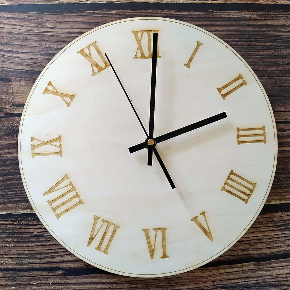 A Wooden Clock With Roman Numerals On It