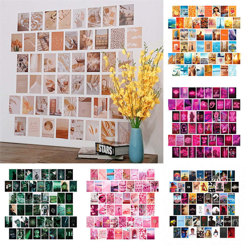 A Wall With Many Different Pictures And Flowers