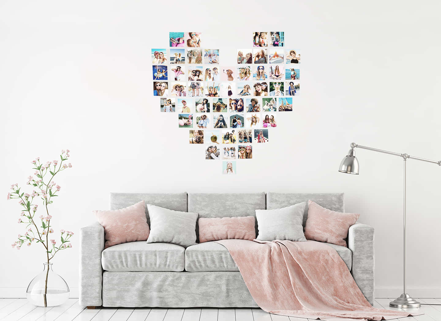 A Living Room With A Couch And A Wall Full Of Photos