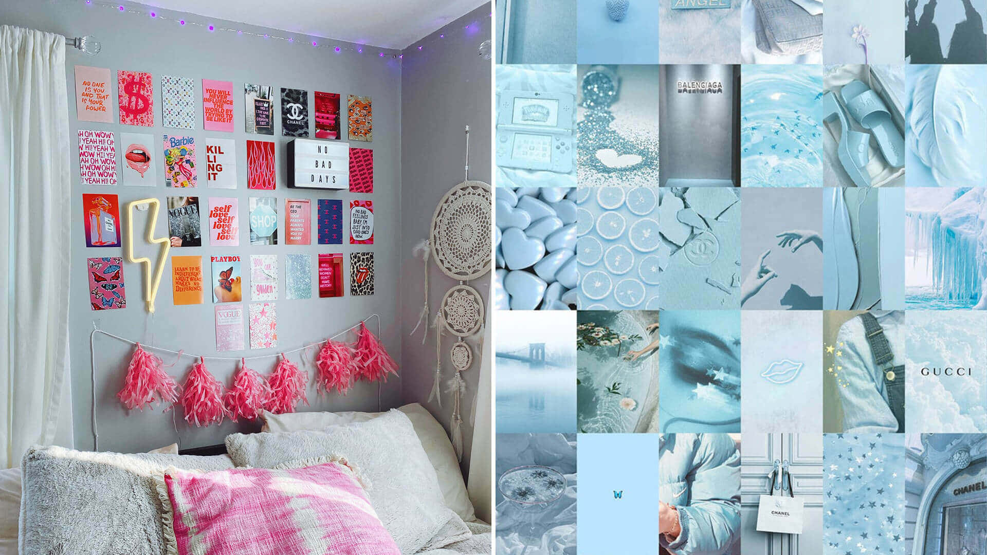 Uncollage De Imágenes De Un Dormitorio Con Una Decoración En Tonos Azules Y Blancos