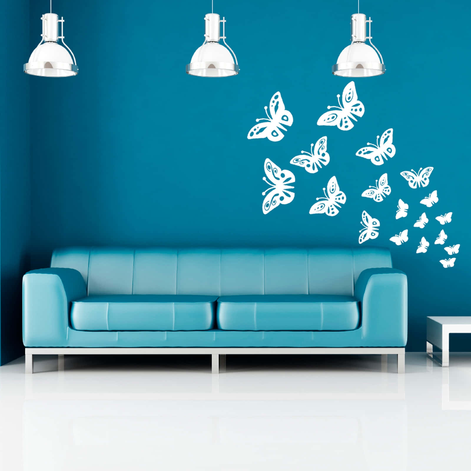 A Blue Couch And White Butterflies On The Wall
