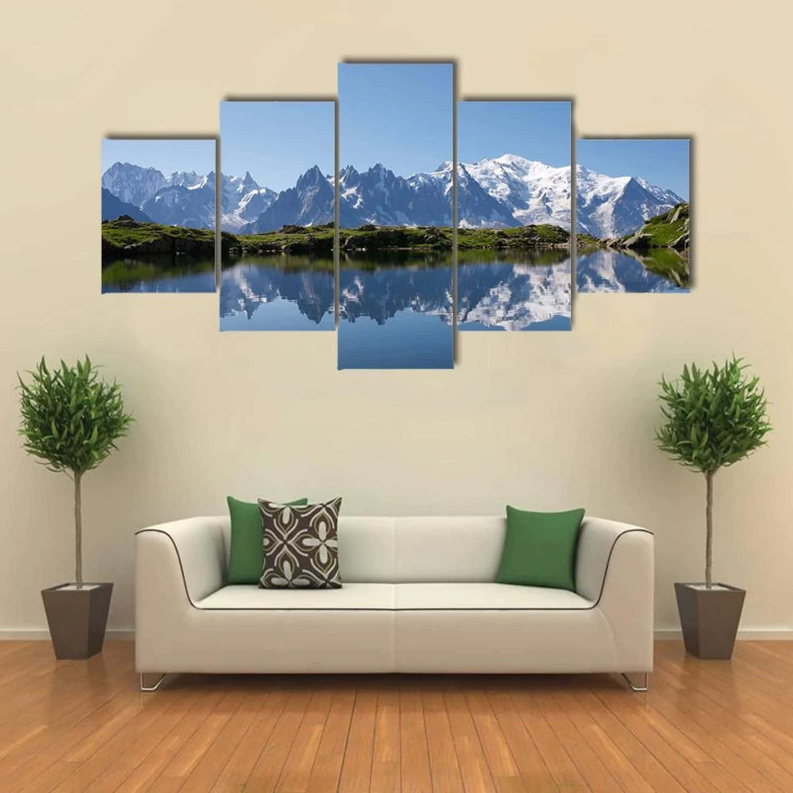 A Living Room With Mountains And Water In The Background