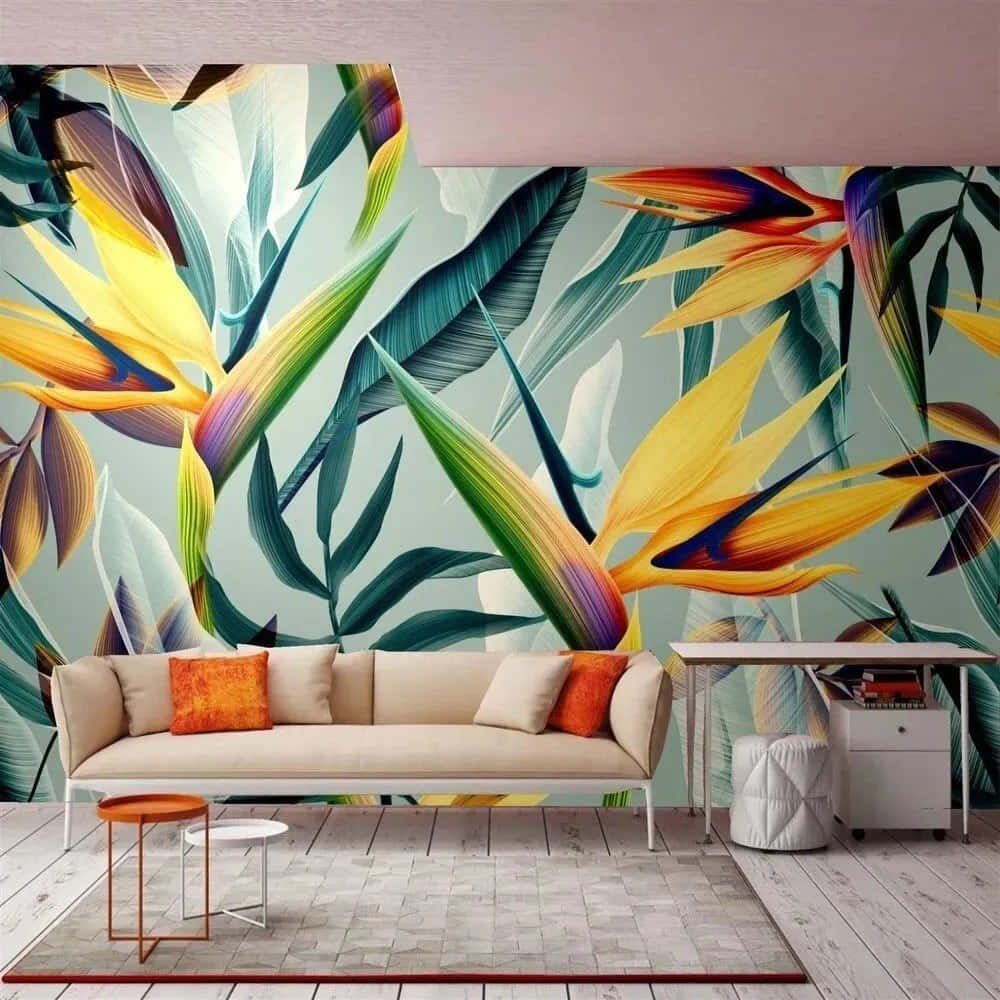 A Living Room With A Colorful Tropical Wall Mural