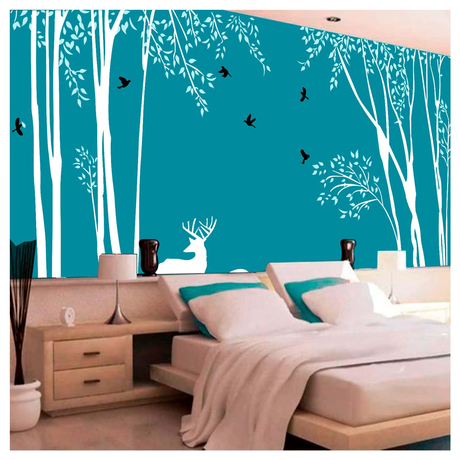 A Bedroom With A Deer And Trees On The Wall