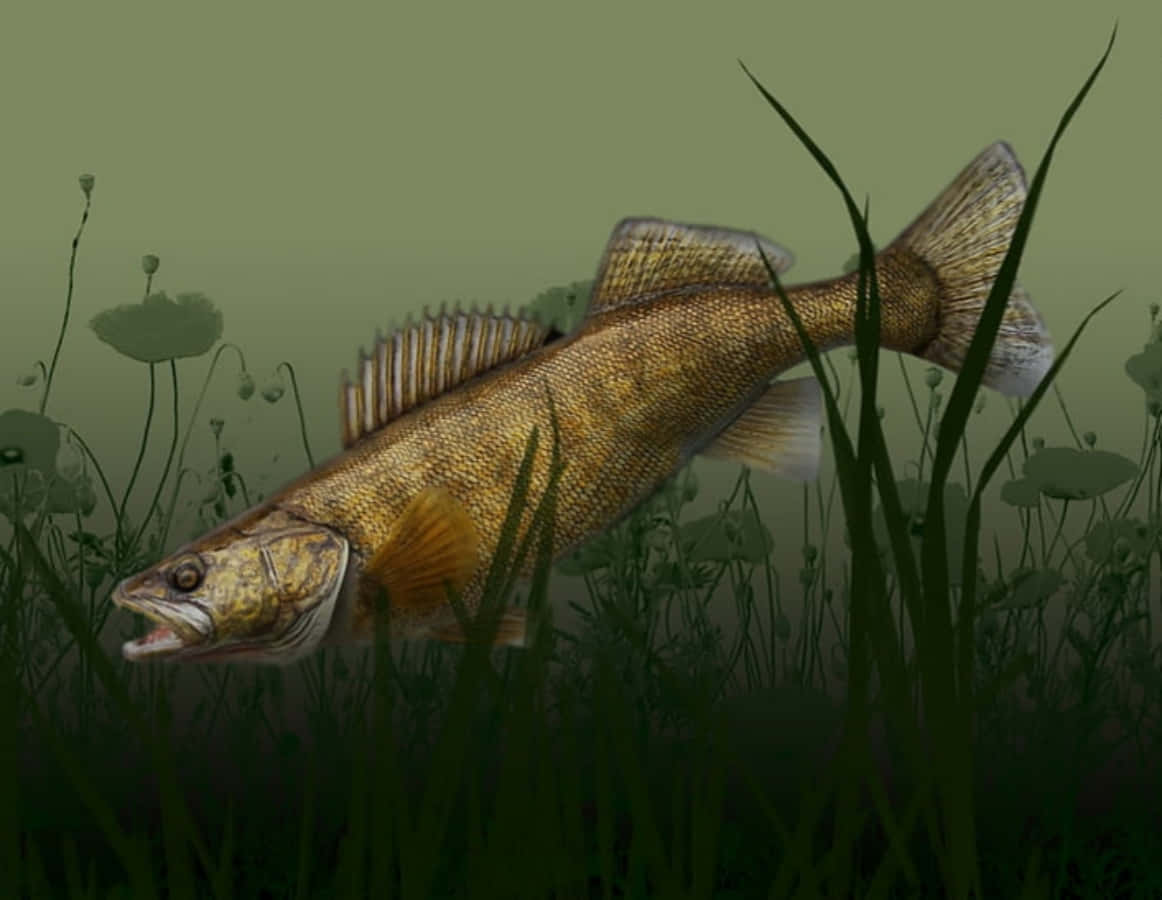 An autumn painting of a walleye swimming in a pristine lake.
