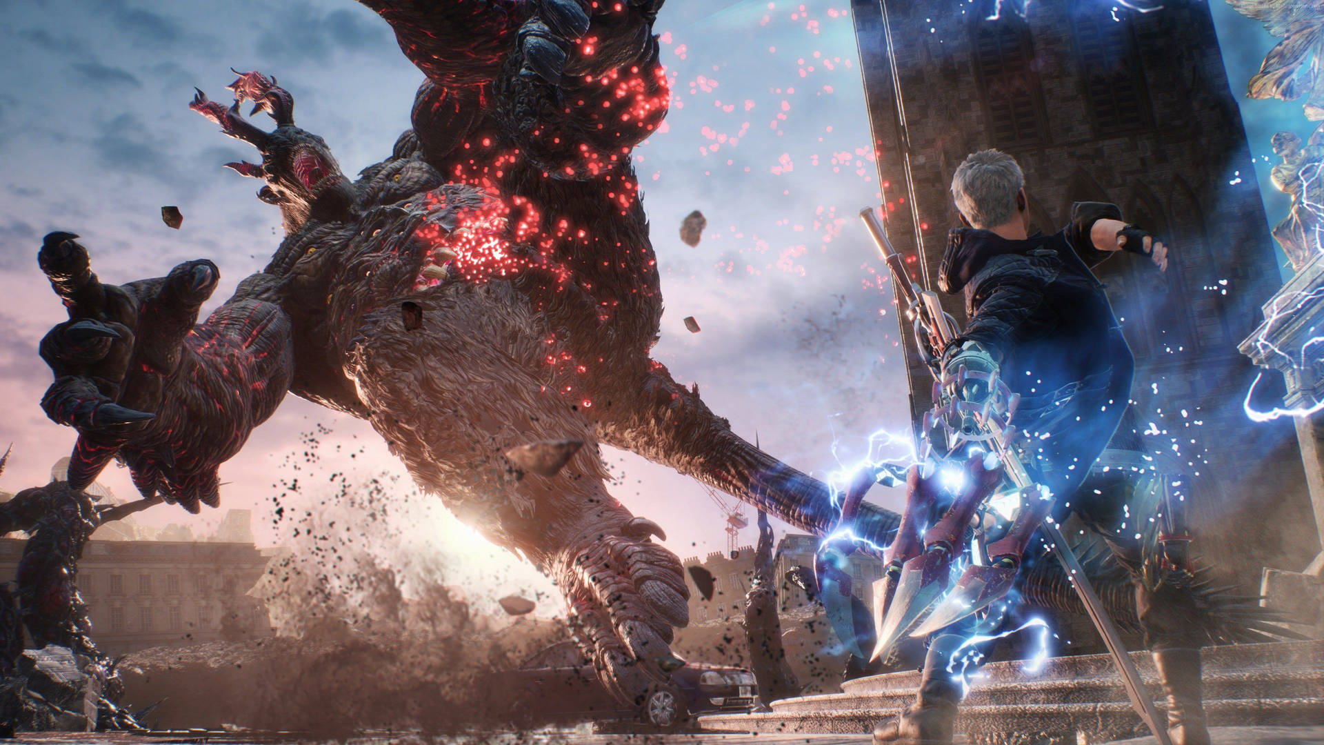 A powerful warrior slays demons in Devil May Cry 5 Wallpaper