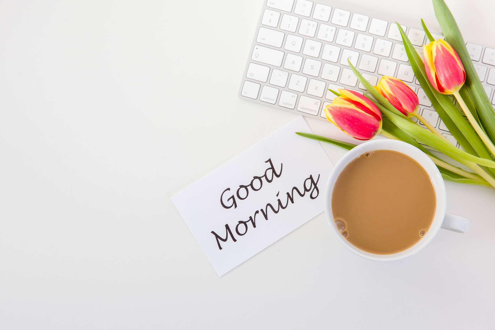 Wallpaper Good, Morning, Inscription, Phrase, Coffee, Tulips, Keyboard Picture
