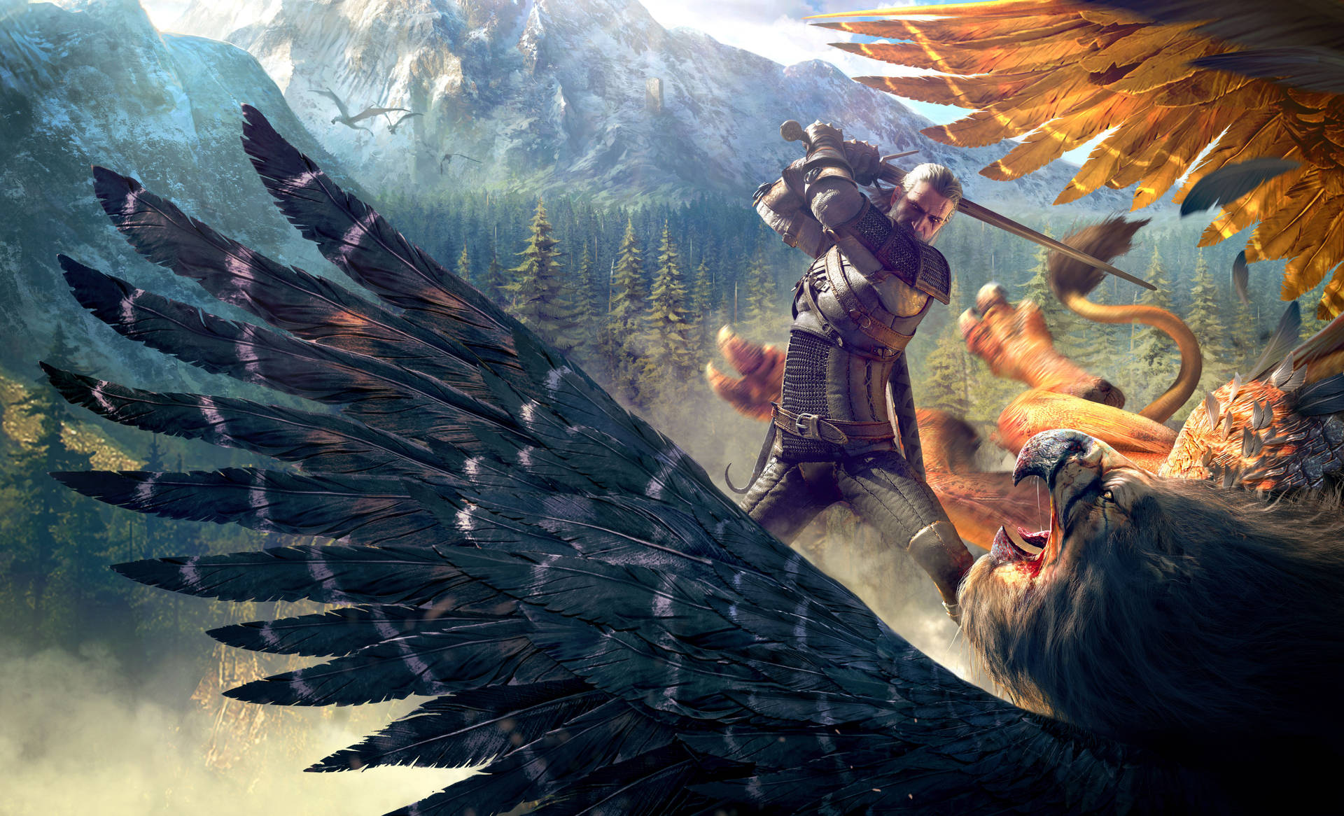 Wallpaper The Witcher 3, Wild Hunt, Geralt, Griffin, 8k, Games