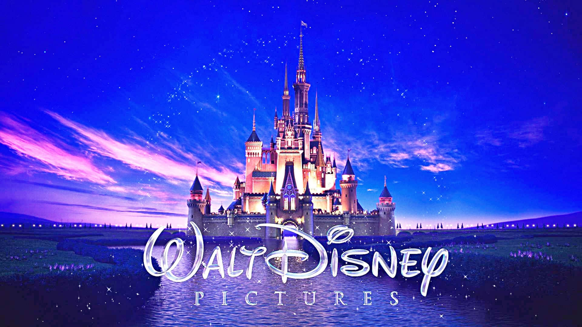 Et Walt Disney Pictures logo med et slot i baggrunden