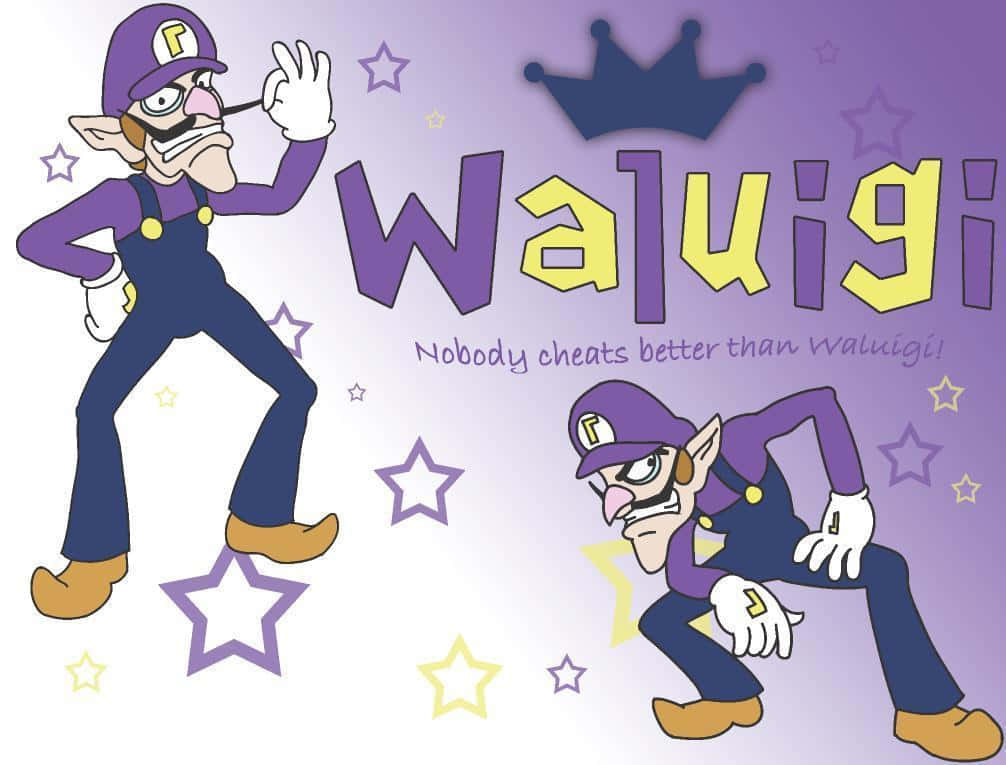 Waluigi Strikes a Victory Pose in Action Wallpaper