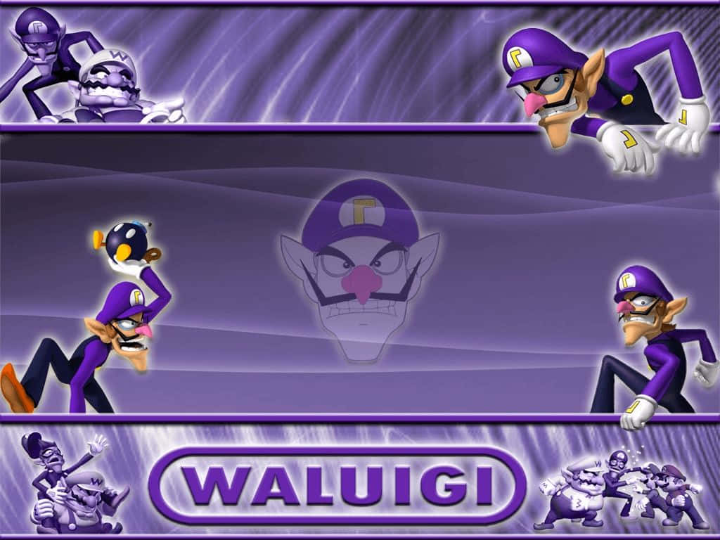 Waluigi striking a playful pose in a vibrant background Wallpaper