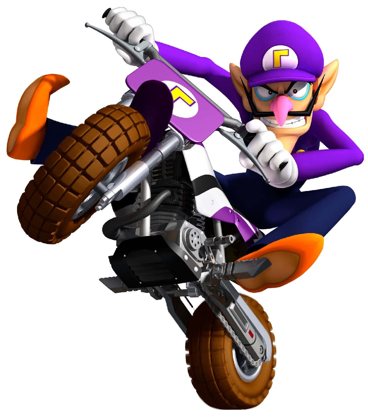 Waluigi posing in his iconic style against a colorful geometric background. Wallpaper