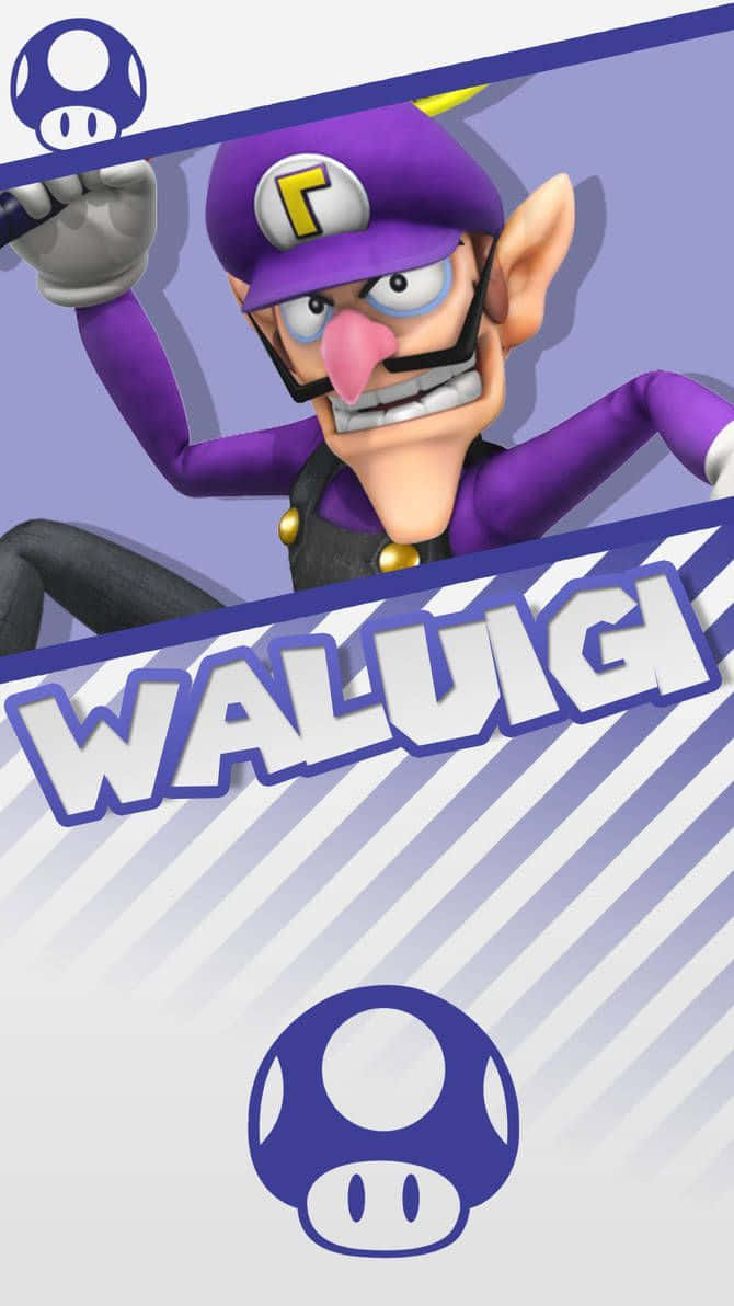 Waluigi strikes a victorious pose in front of a purple background. Wallpaper