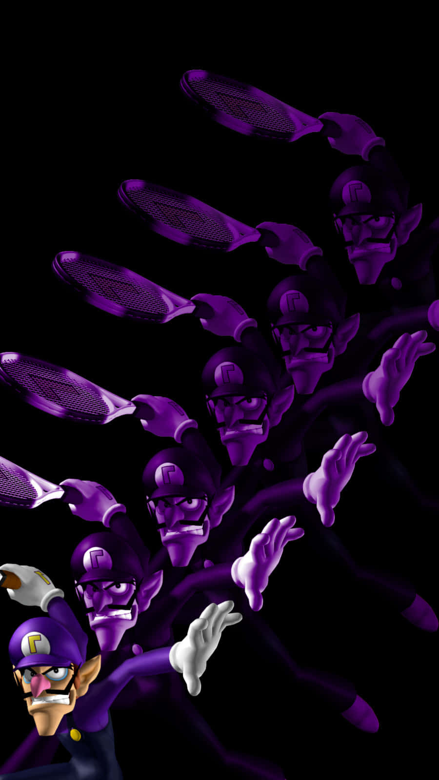 Waluigi strikes a pose in his iconic purple and black outfit. Wallpaper
