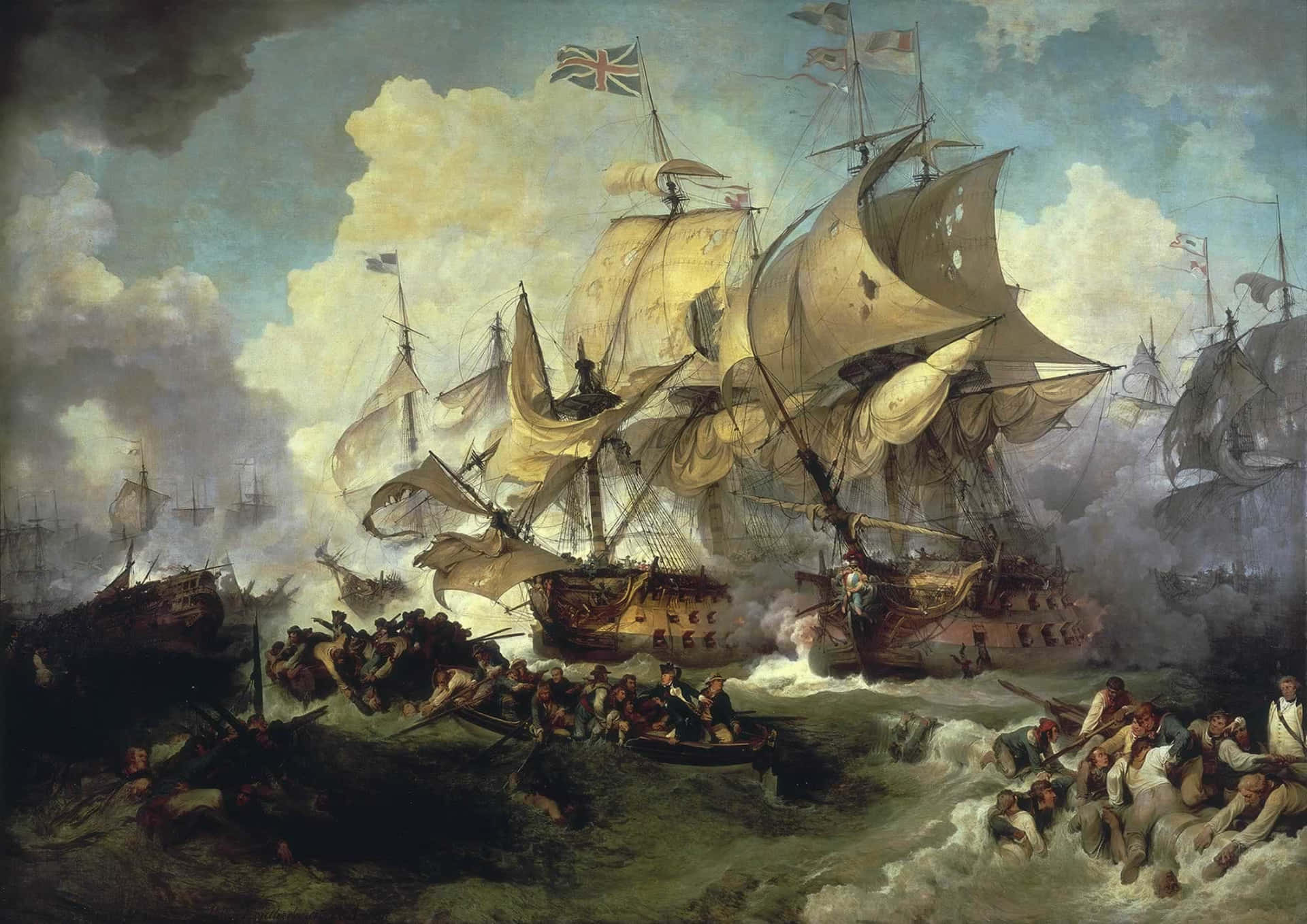 A Painting Of Ships In The Ocean With Men On Board