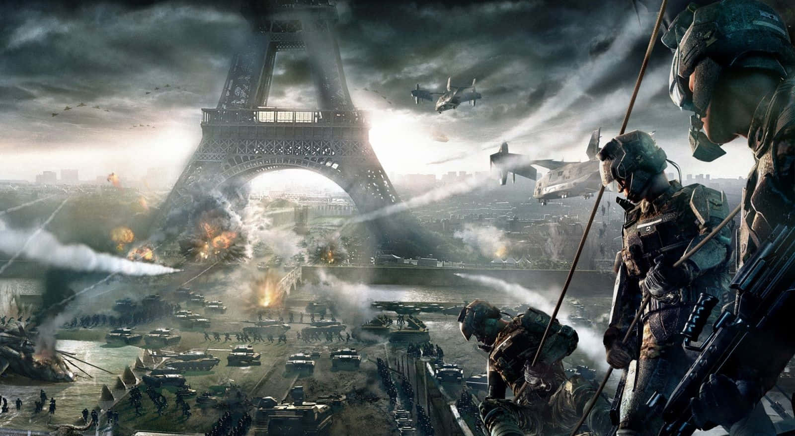 Intense battle scene in a digital war game Wallpaper