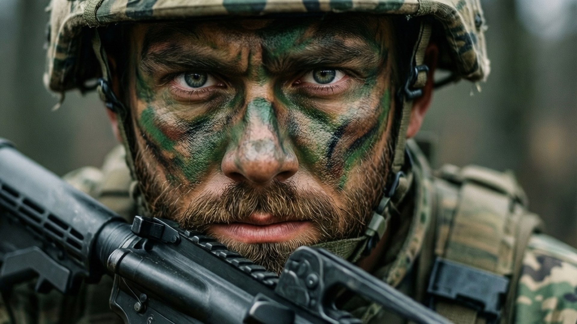 Krigsmaling Bakgrunner — Nærbilde av en soldat med ansiktsmaling og intenst blikk, som holder en rifle