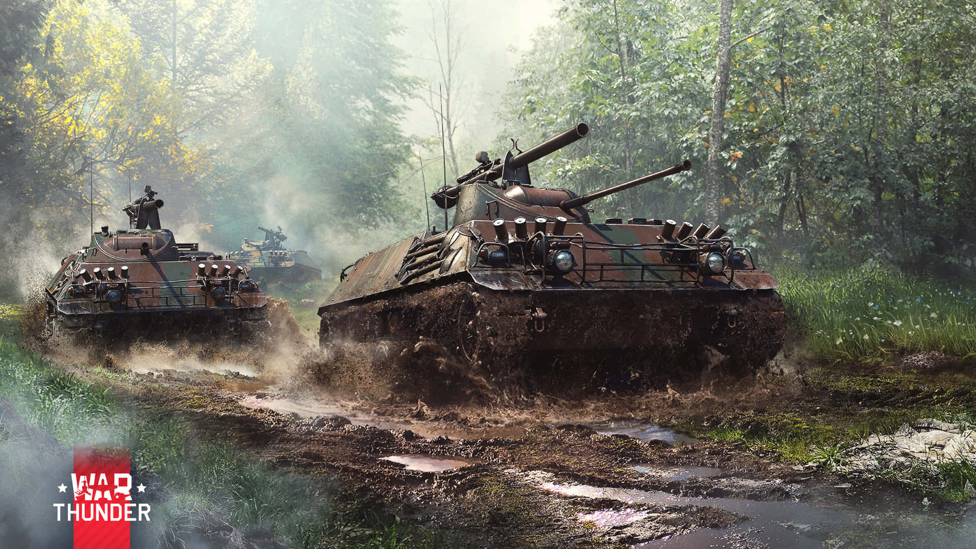 War Thunder_ Tanks_ Advancing_ Through_ Forest Wallpaper