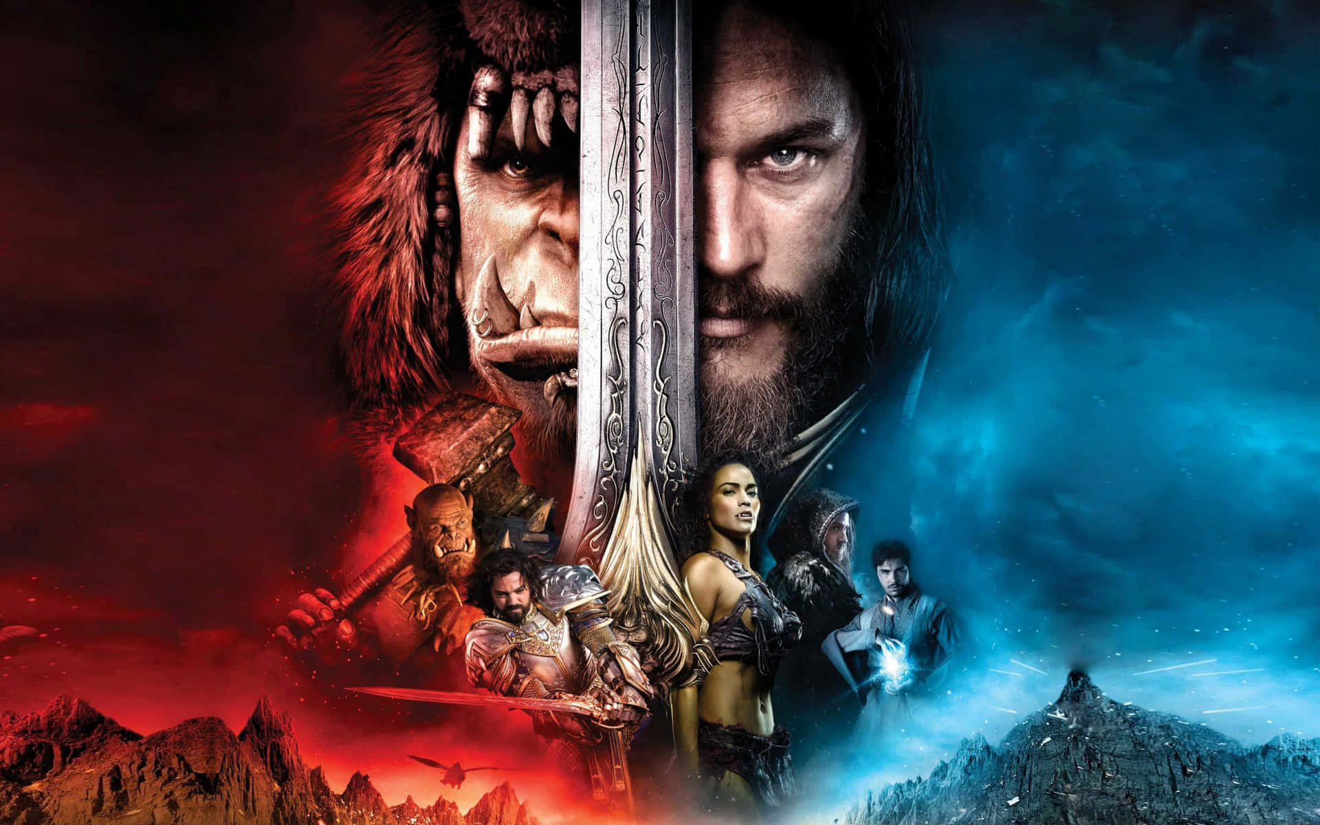 Et Warcraft 2-filmplakat med et sværd og to mennesker der kæmper Wallpaper