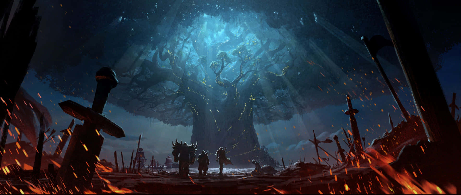 En fantasi scene med et træ og sværd Wallpaper