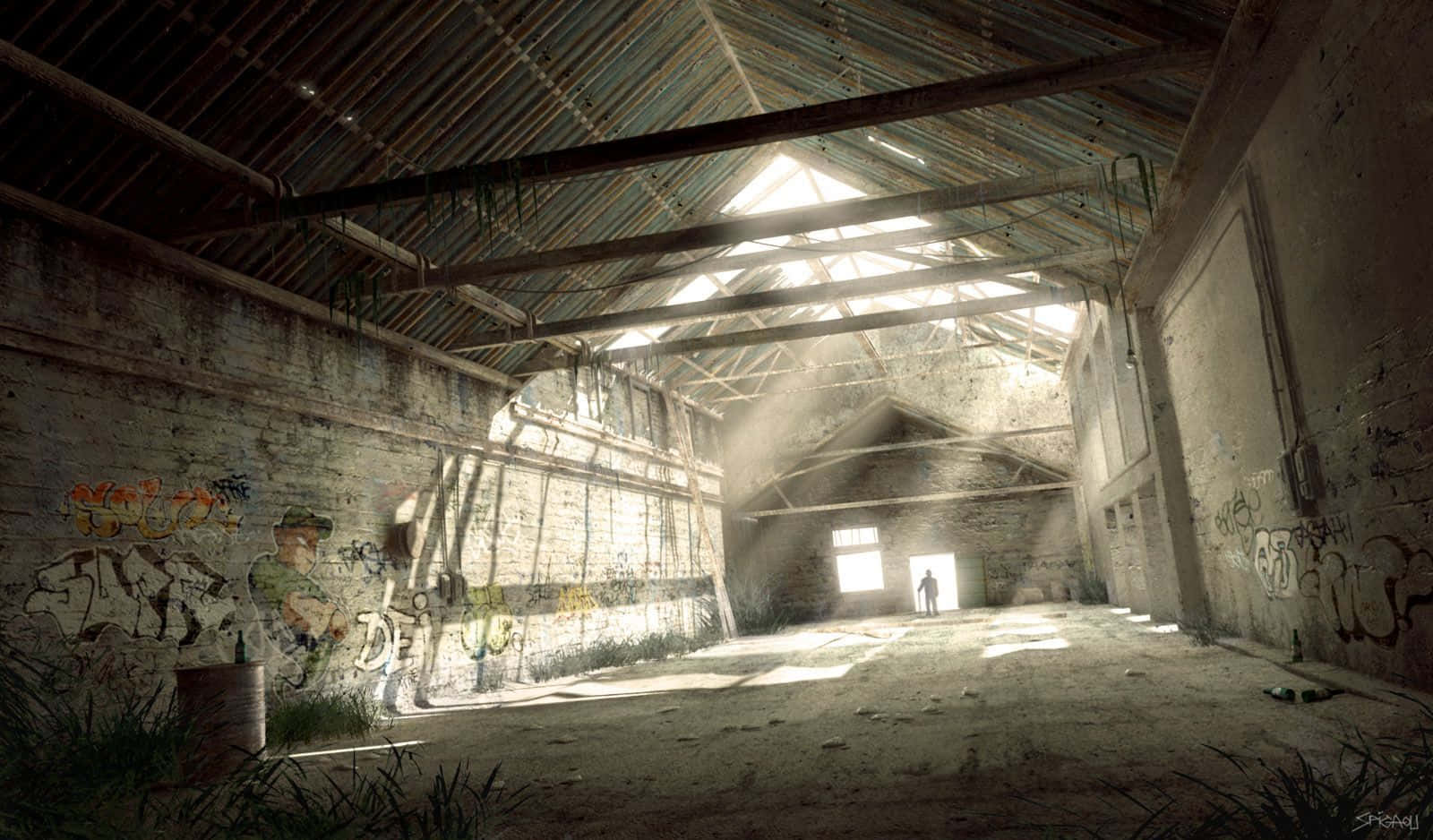 A Dark, Abandoned Warehouse With A Light Shining Through The Windows