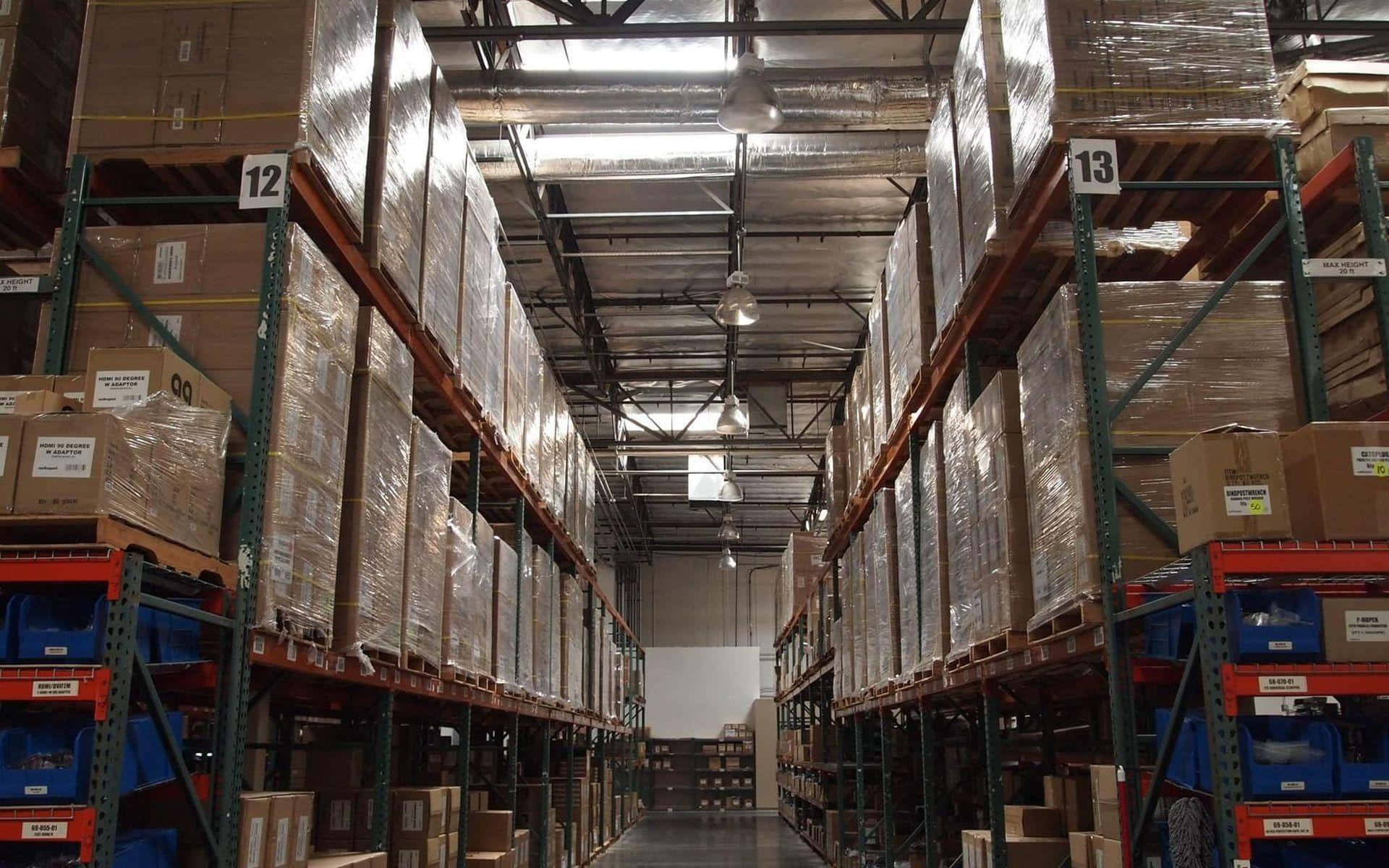 A Warehouse With Many Boxes And Pallets