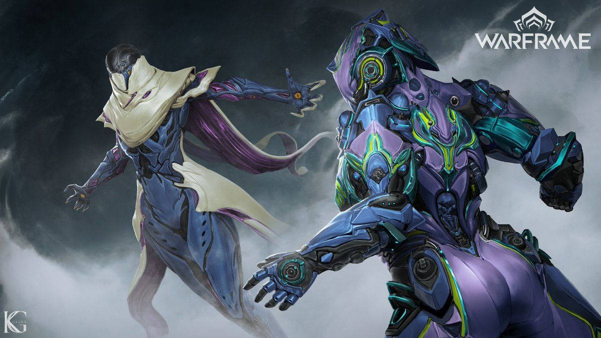 Warframe soldier Hildryn with purple and green armored body fighting an enemy wallpaper. 