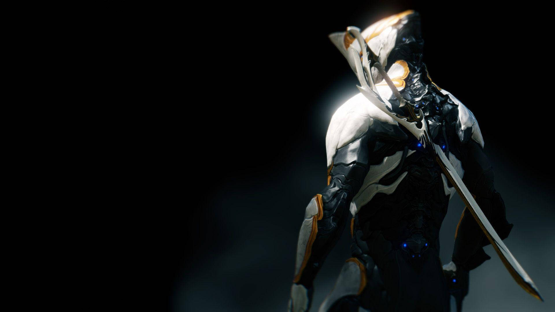 Warframe Tenno soldier with long sword strapped on back wallpaper. 