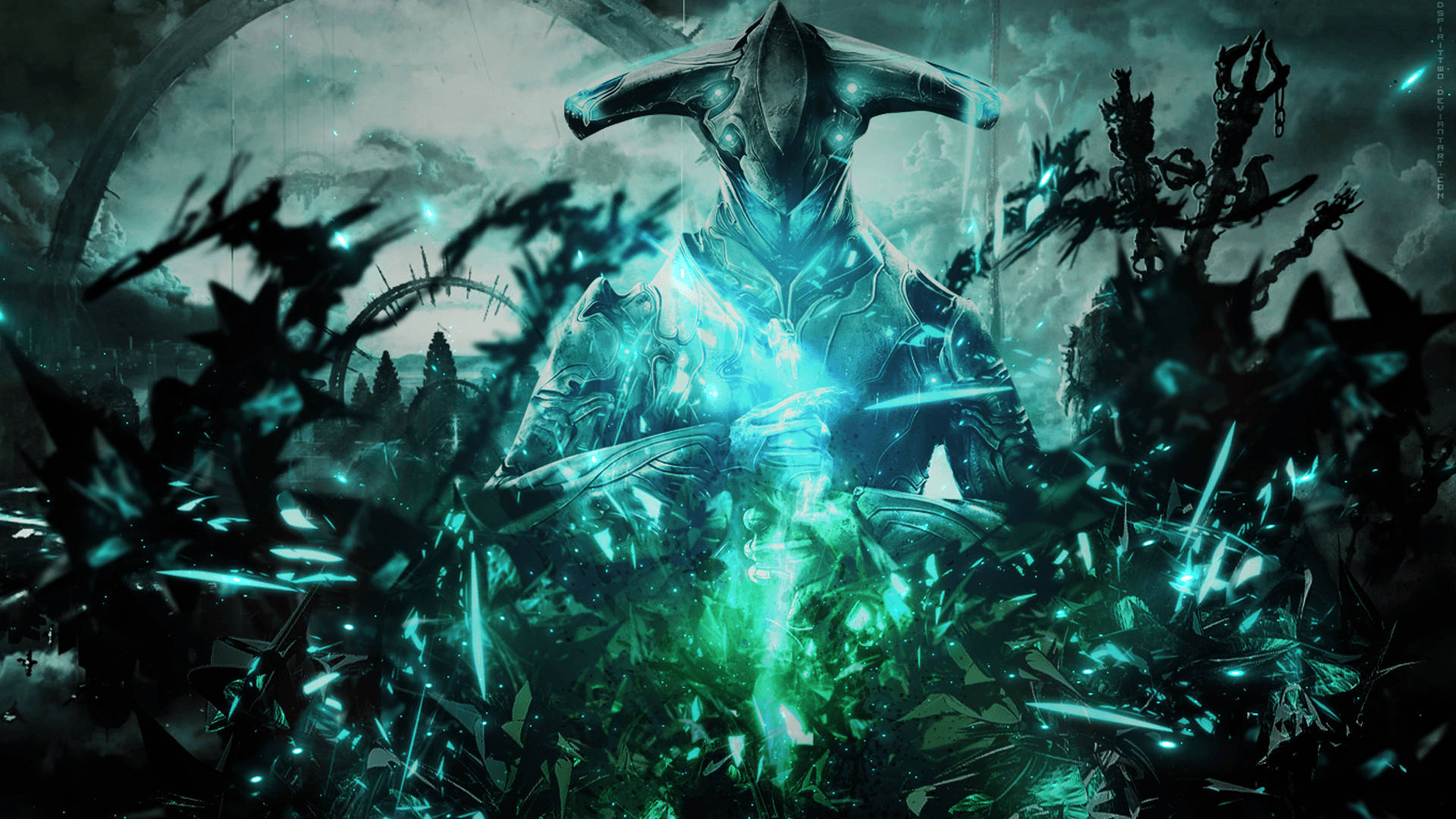 En elite Warframe soldat Loki forsvarer en cyberpunk-by Wallpaper
