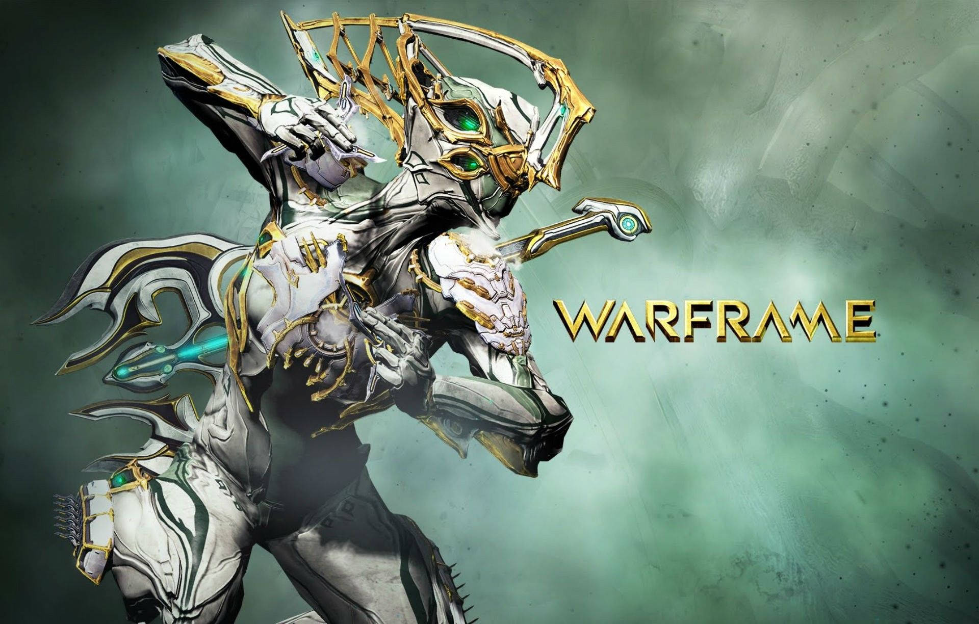 Warframe soldier Volt with white gold armored body and weapon on back wallpaper. 