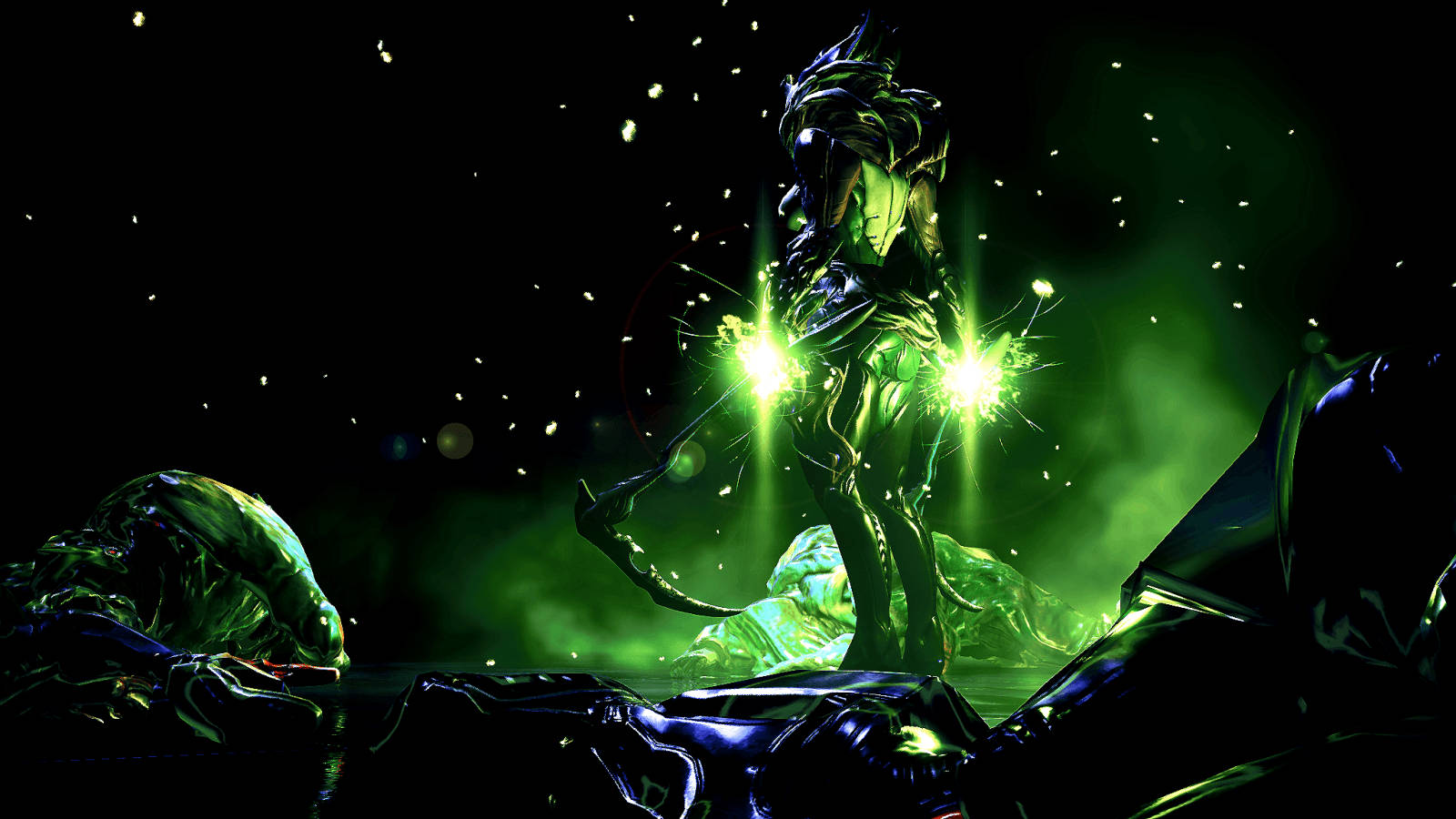 Warframe Tenno ancient soldier with pickaxe weapon and hands glowing green wallpaper. 