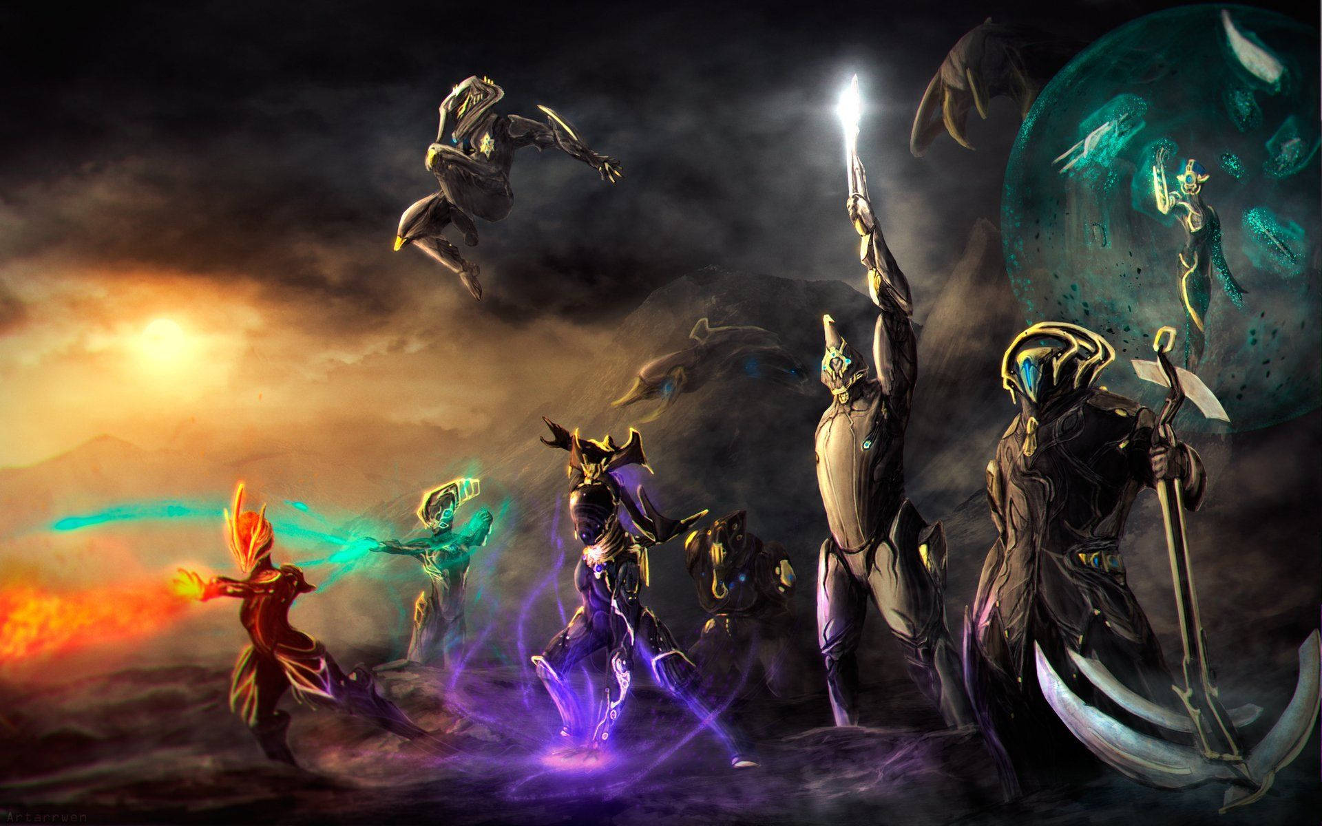 Warframe Tenno ancient soldiers showcasing powers wallpaper.
