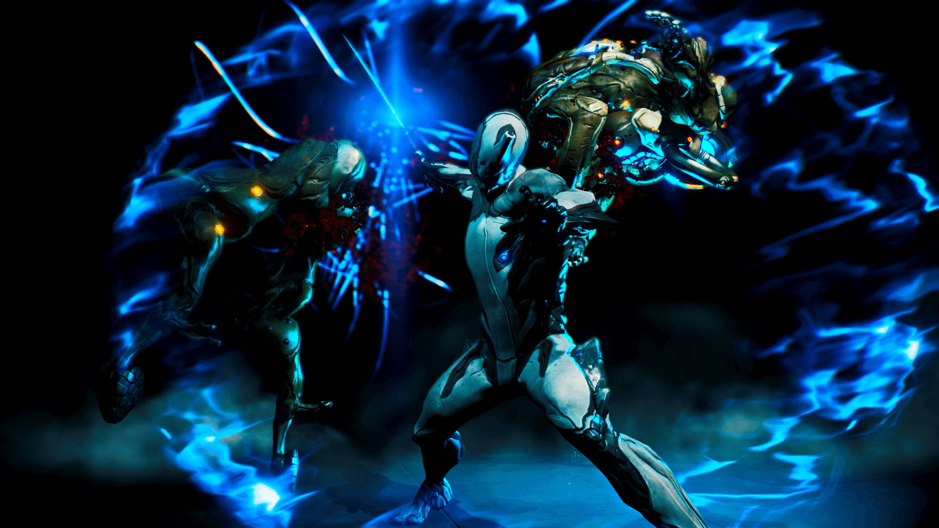 Warframe single Tenno ancient warrior attacking with blue fire-emitting sword wallpaper.