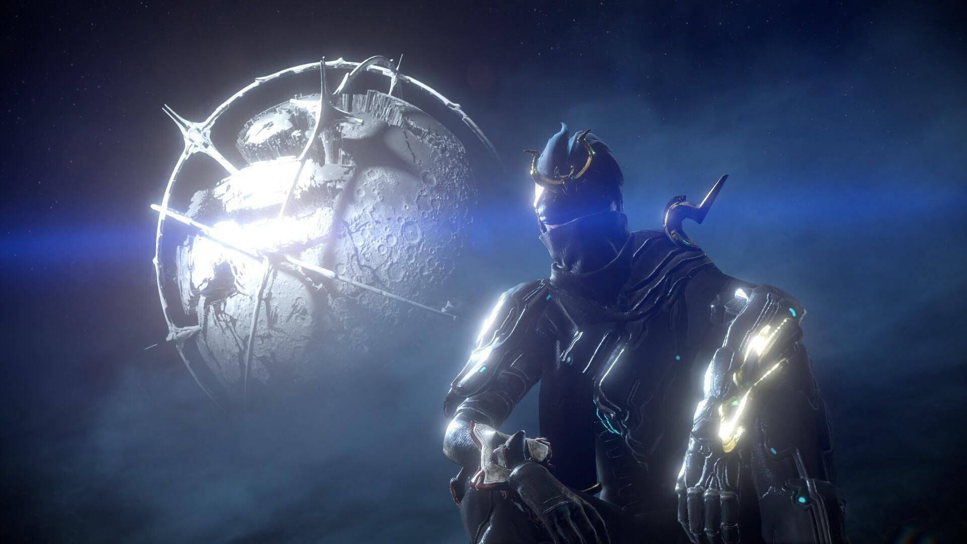 Tenno soldier with armor sitting beside Orokin Moon from Warframe wallpaper.