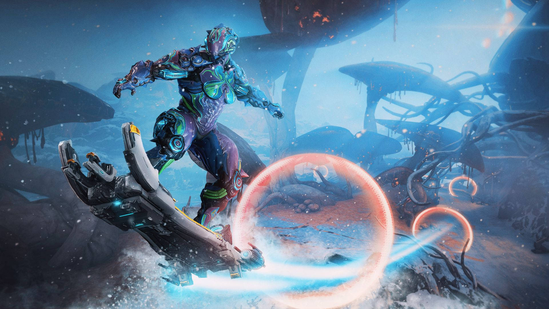 Tenno soldier riding hoverboard from Warframe Fortuna expansion wallpaper. 