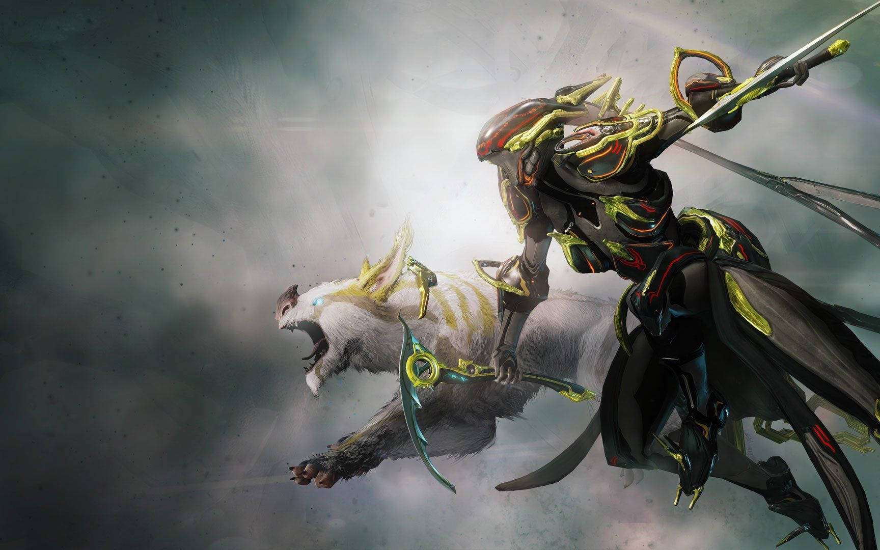 Warframe Tenno ancient soldier Titania with armored body and white furry sidekick wallpaper.