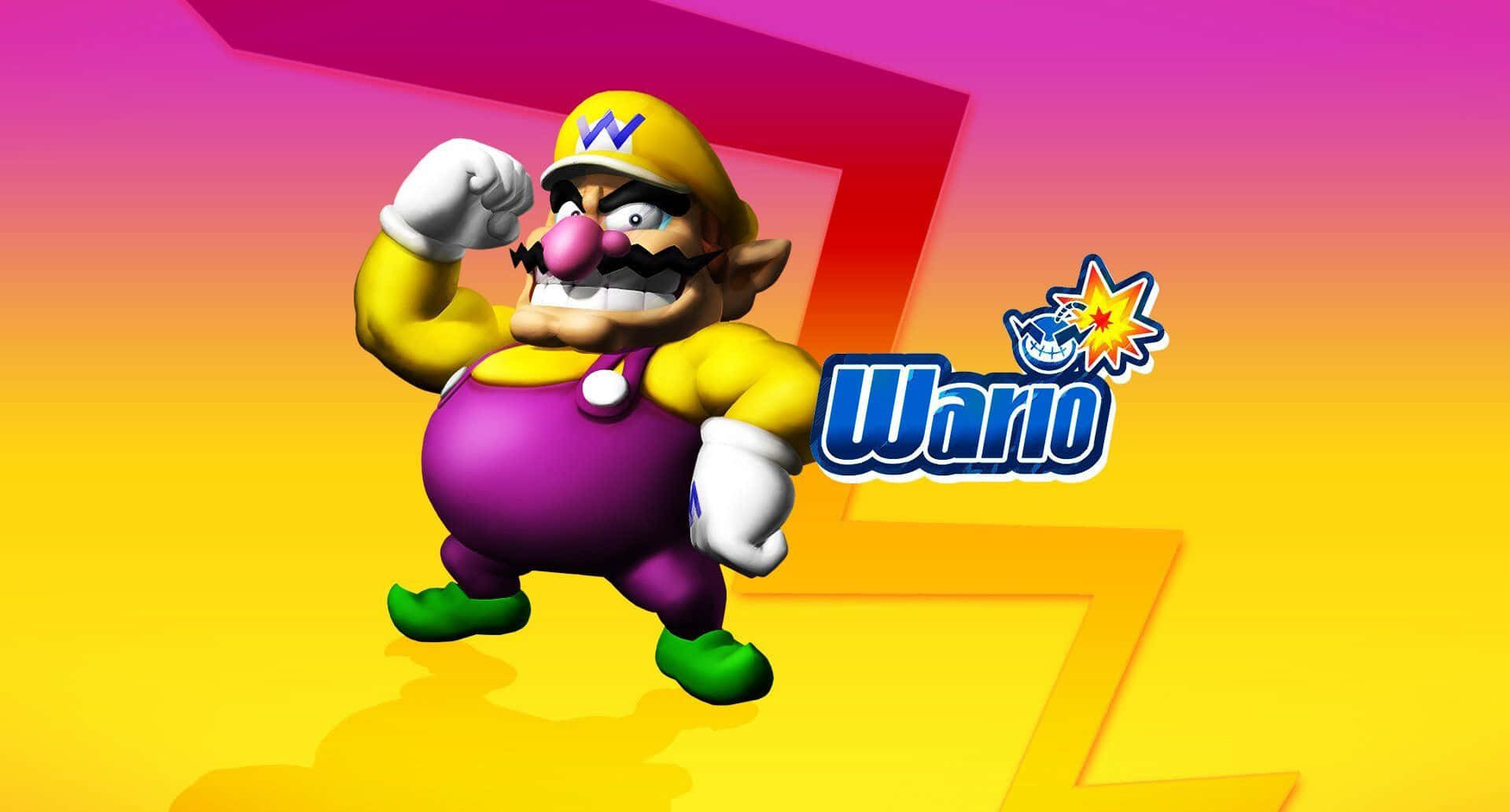 Wario smirking in his signature pose with bright yellow and purple background Wallpaper
