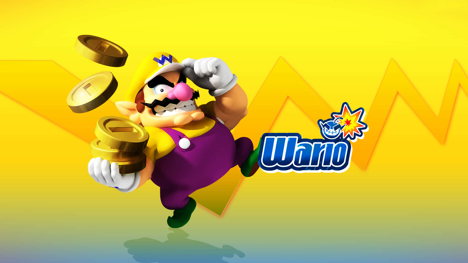 Wario smirking in a colorful, action-packed background Wallpaper