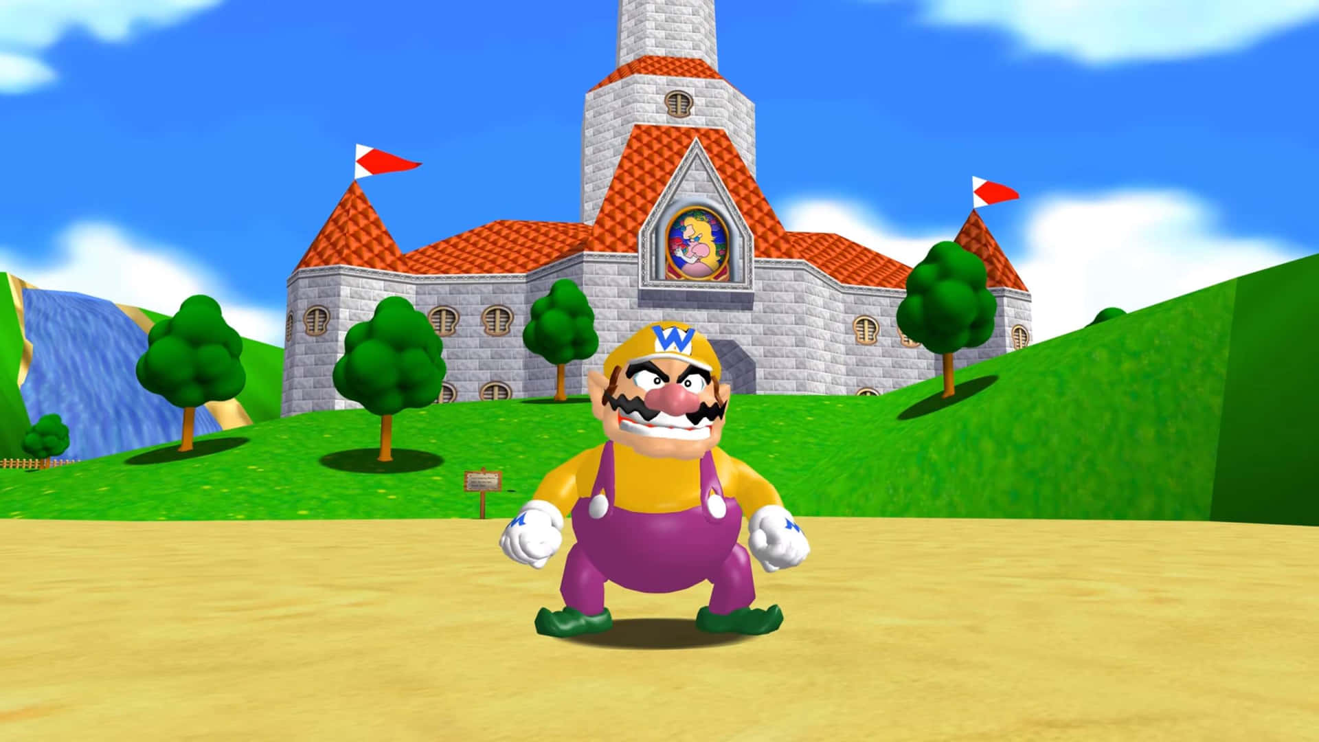 Wario in his classic outfit, smirking against a colorful abstract background Wallpaper