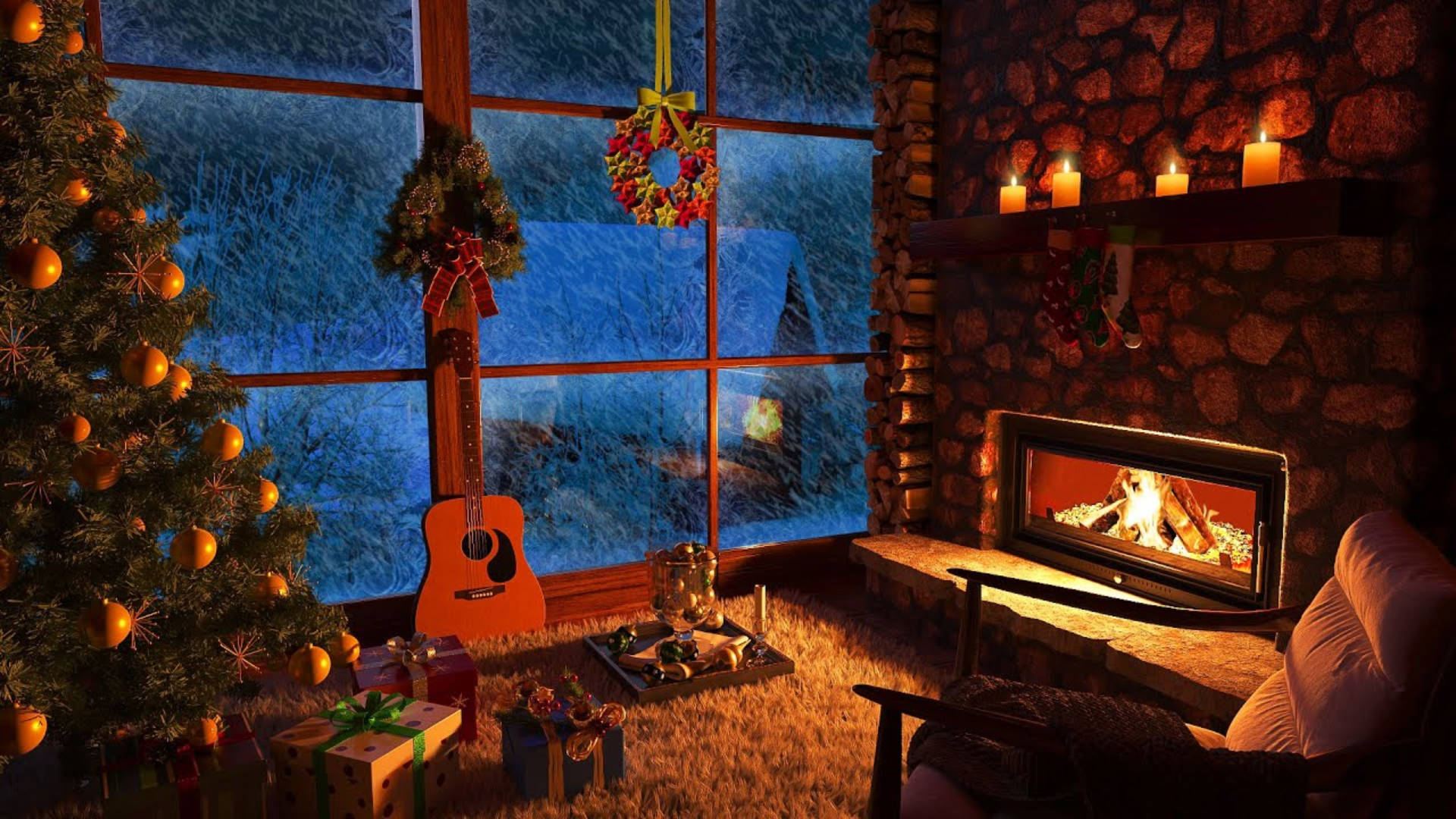 Warm Fireplace Cozy Winter Cabin Wallpaper