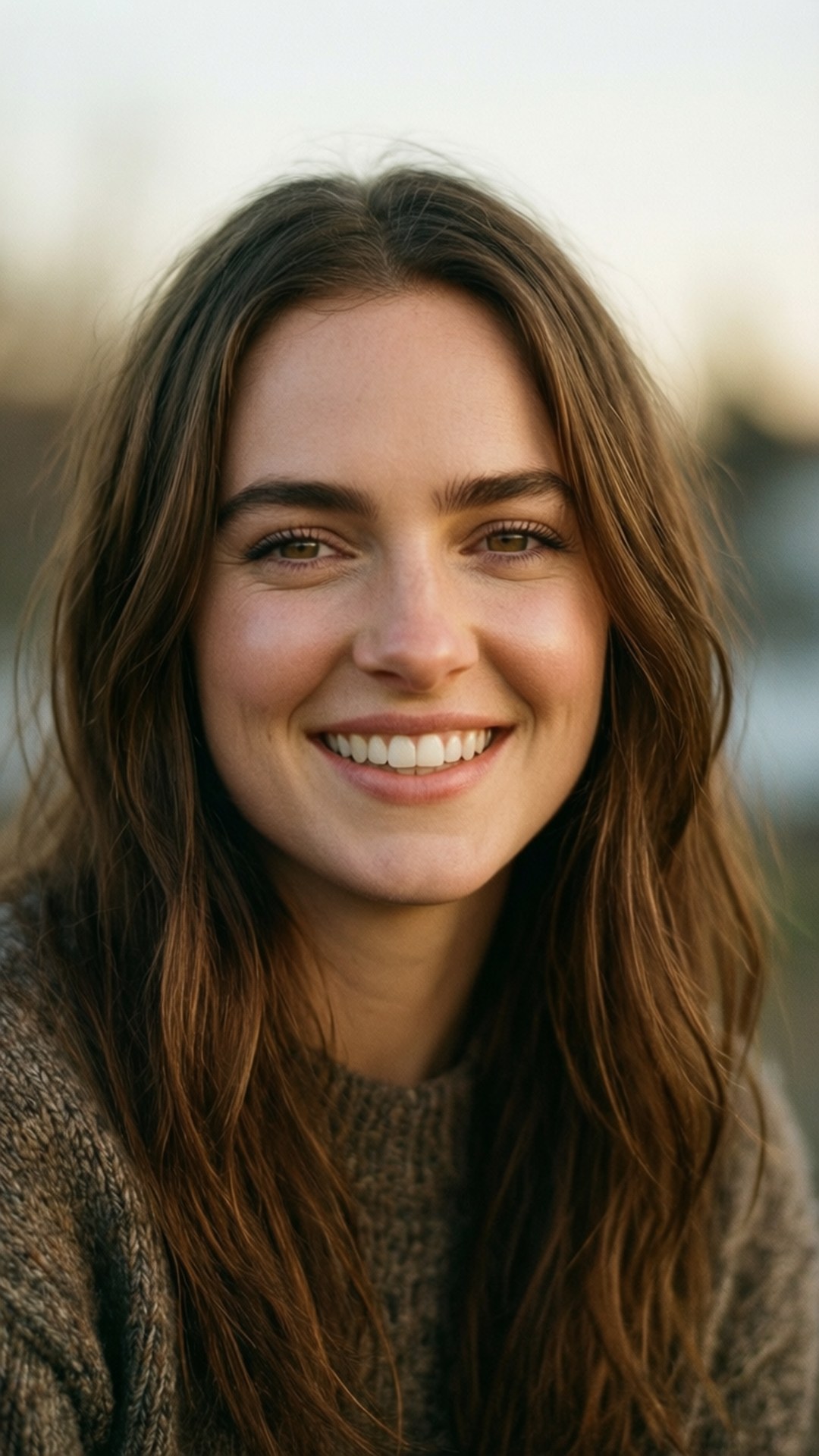 Et strålende portræt af Bella Ramsey med et varmt, ægte smil.