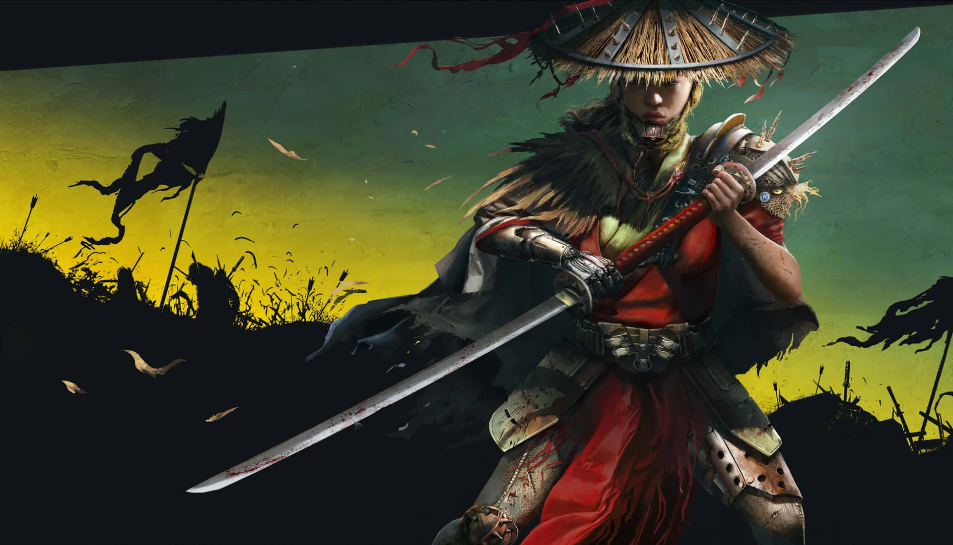 Enkvinde Iført En Samuraj-kostume, Der Holder En Sværd.