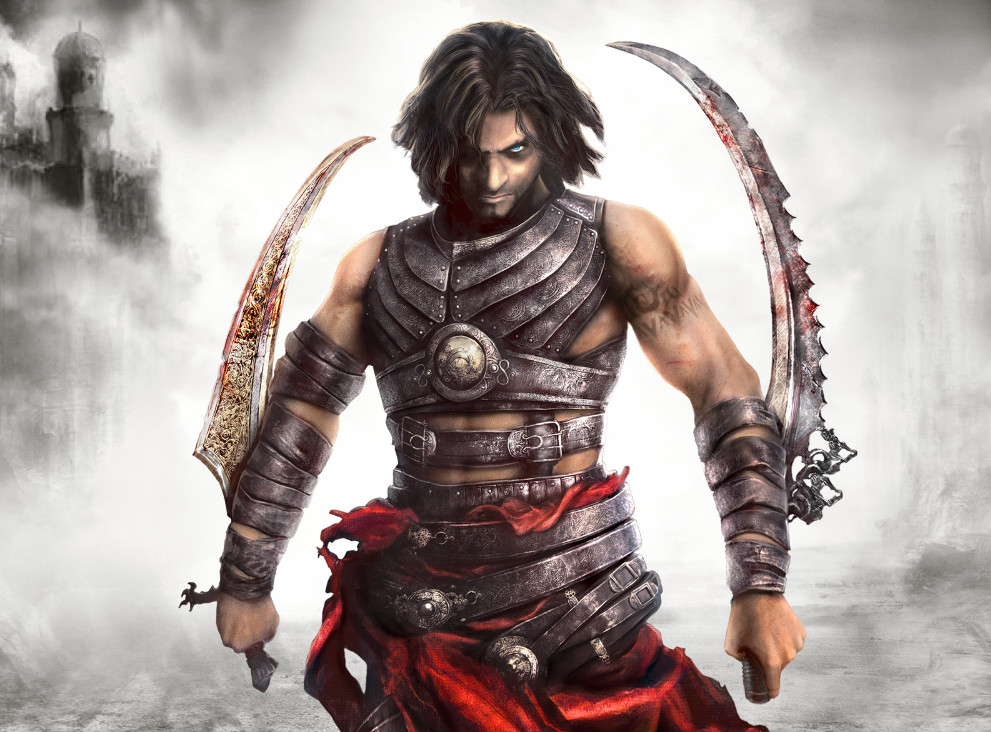 Unleashed in Combat Background — A fierce warrior with dark hair and bloodied curved blades stands in misty gray tones with a distant castle looming behind him.