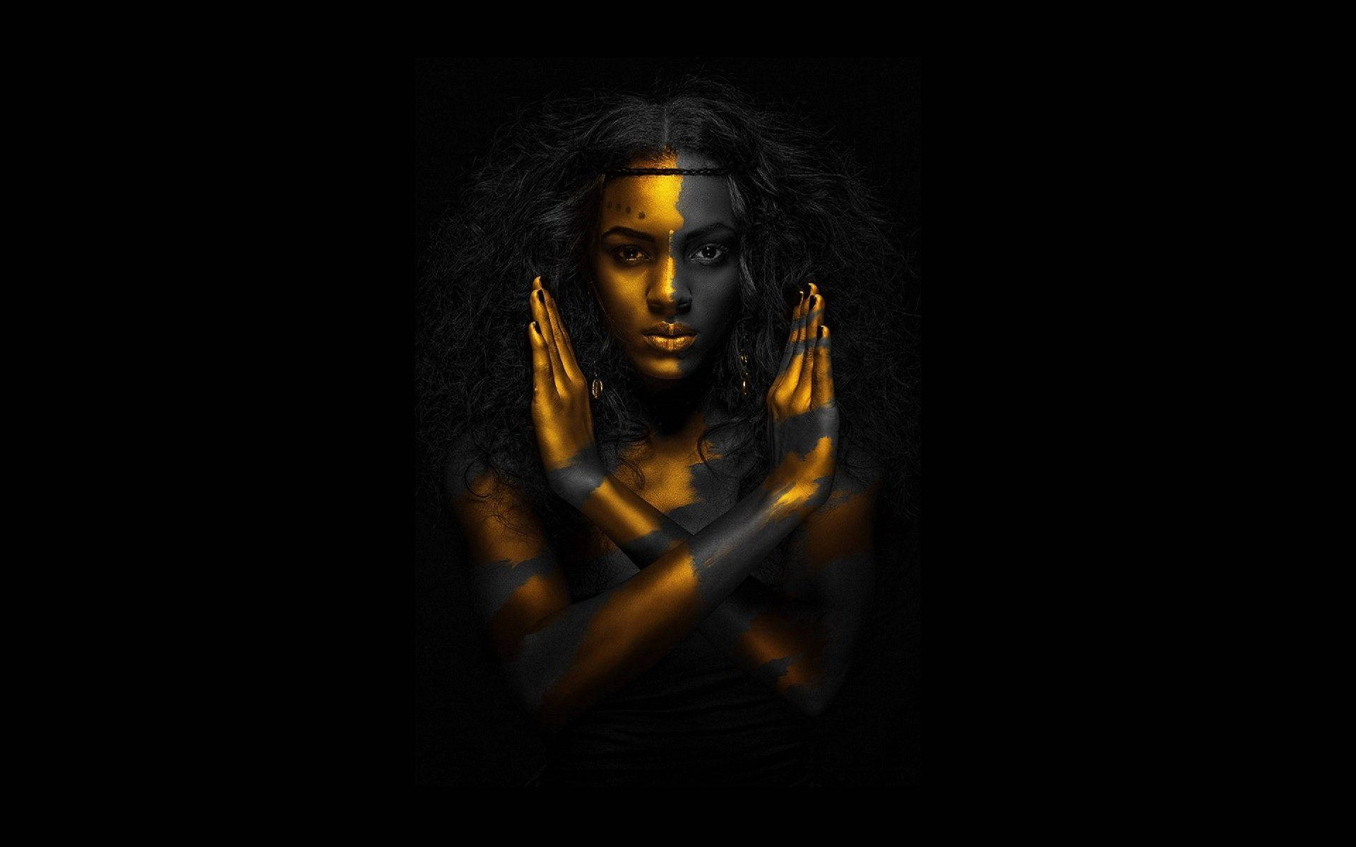 Warrior Black Woman With Gold And Charcoal Body Paint Wallpaper