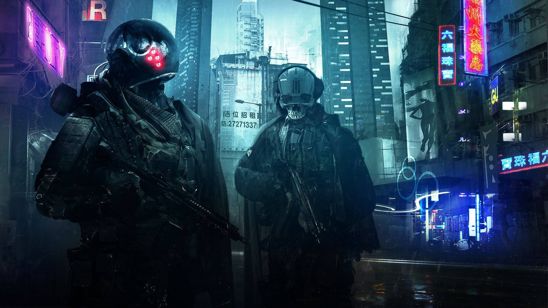 A mysterious cyberpunk warrior strolling a neon-lit city Wallpaper