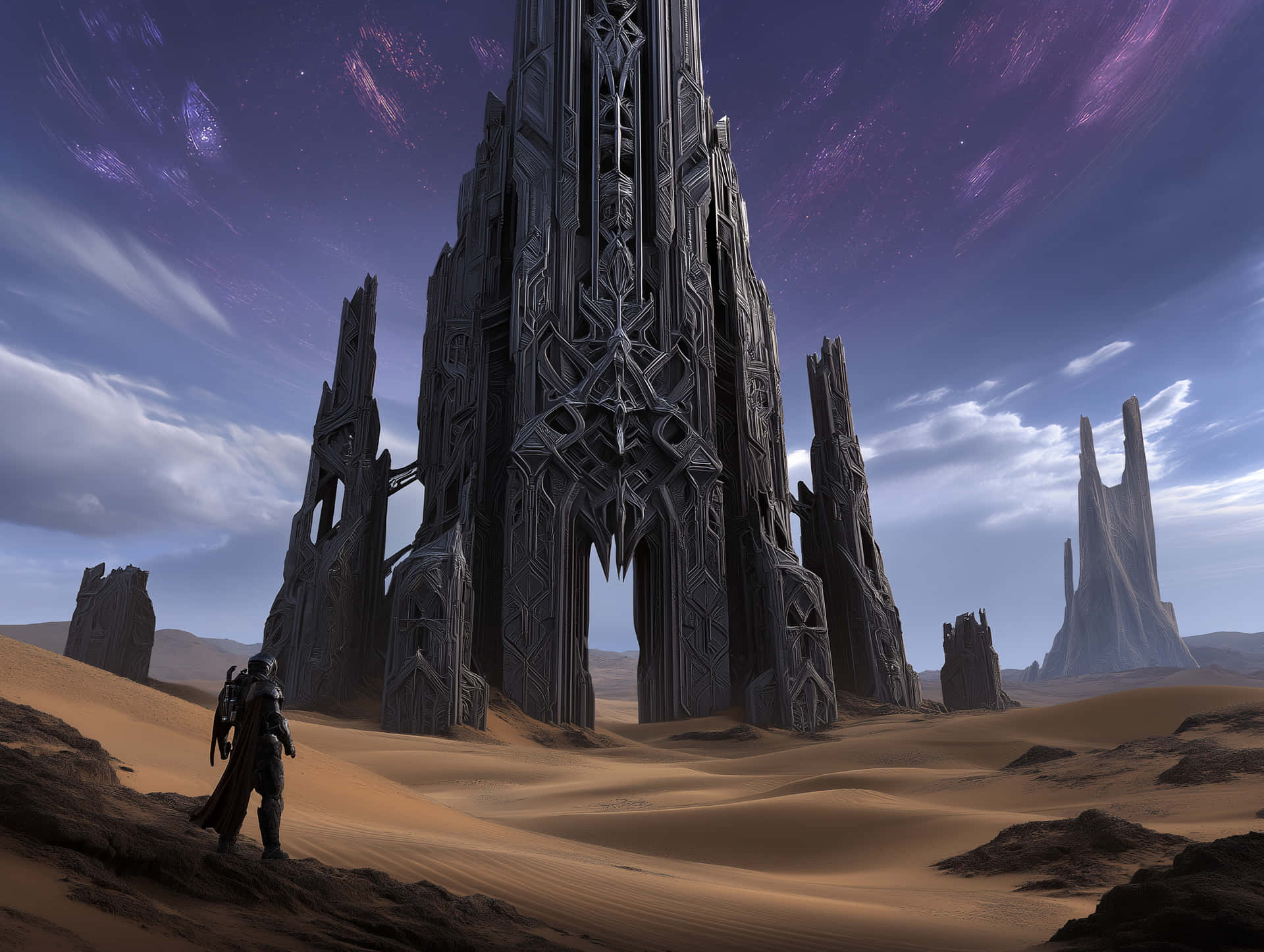 Warrior In Desert Confronts Ancient Alien Gothic Architecture Wallpaper